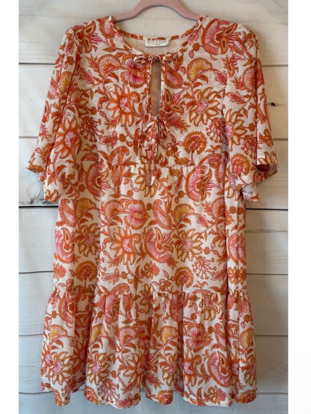 🤘🏻🧡🔥Smith & Quinn - Burnt Orange & Pink Floral Tiered Mini Dress - L